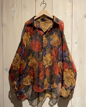 【a.k.a.C.a.k.a vintage】Flower Pattern Open Collar Loose L/S Sheer Shirt