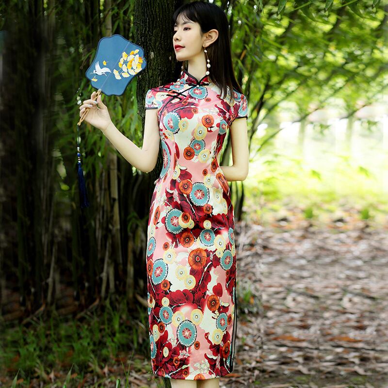 チャイナドレス ワンピース チャイナ風服 中華服 スタンドネック 半袖 ロング丈 エレガント 着痩せ 上品 大きいサイズ S M L Ll 3l 4l 普段着 パーティー 女子会 可愛い レッド 赤い Elegant