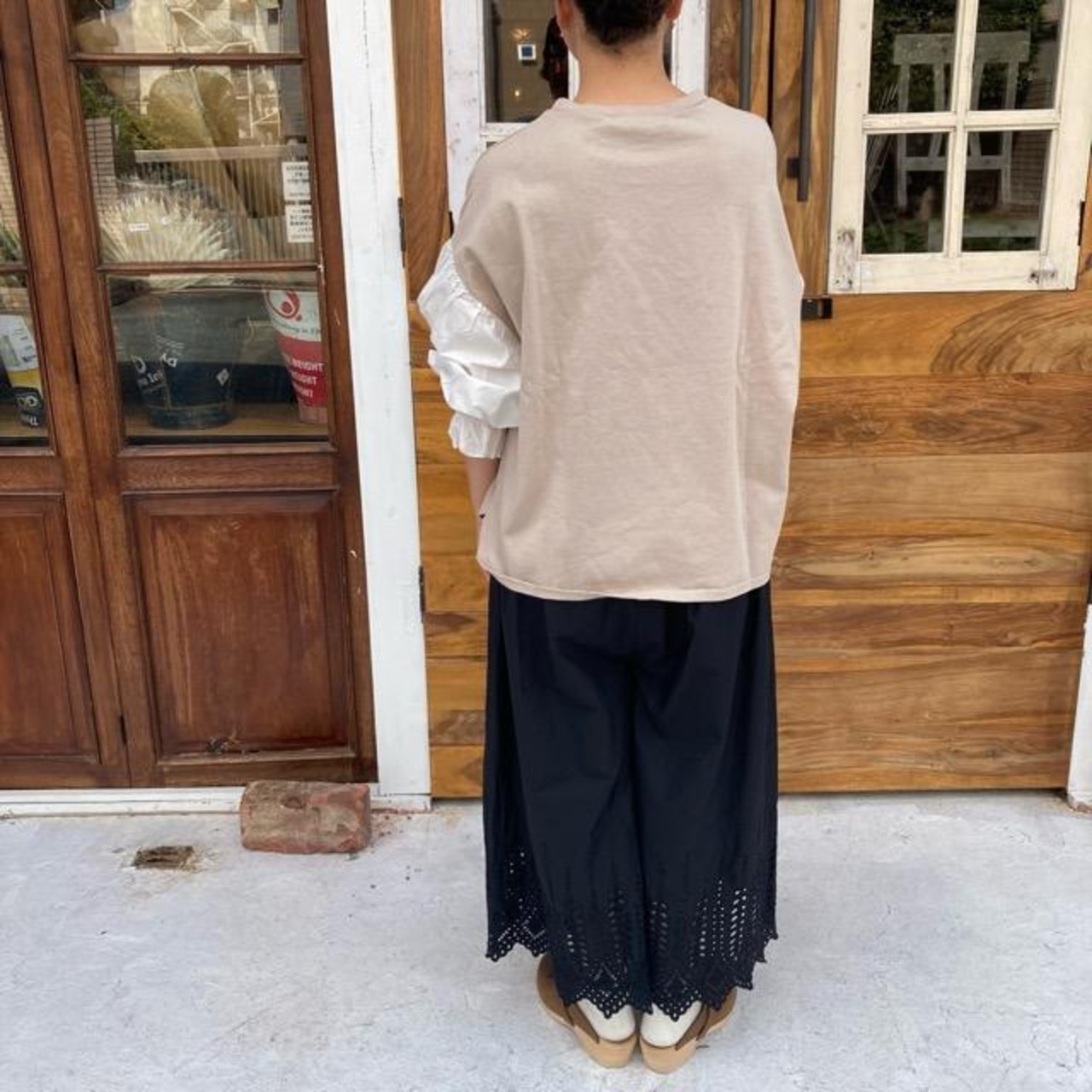 ichi(イチ)　スカラップレースワイドパンツ　ブラック