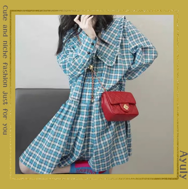 フリルドールカラーブルーチェックワンピース　25365