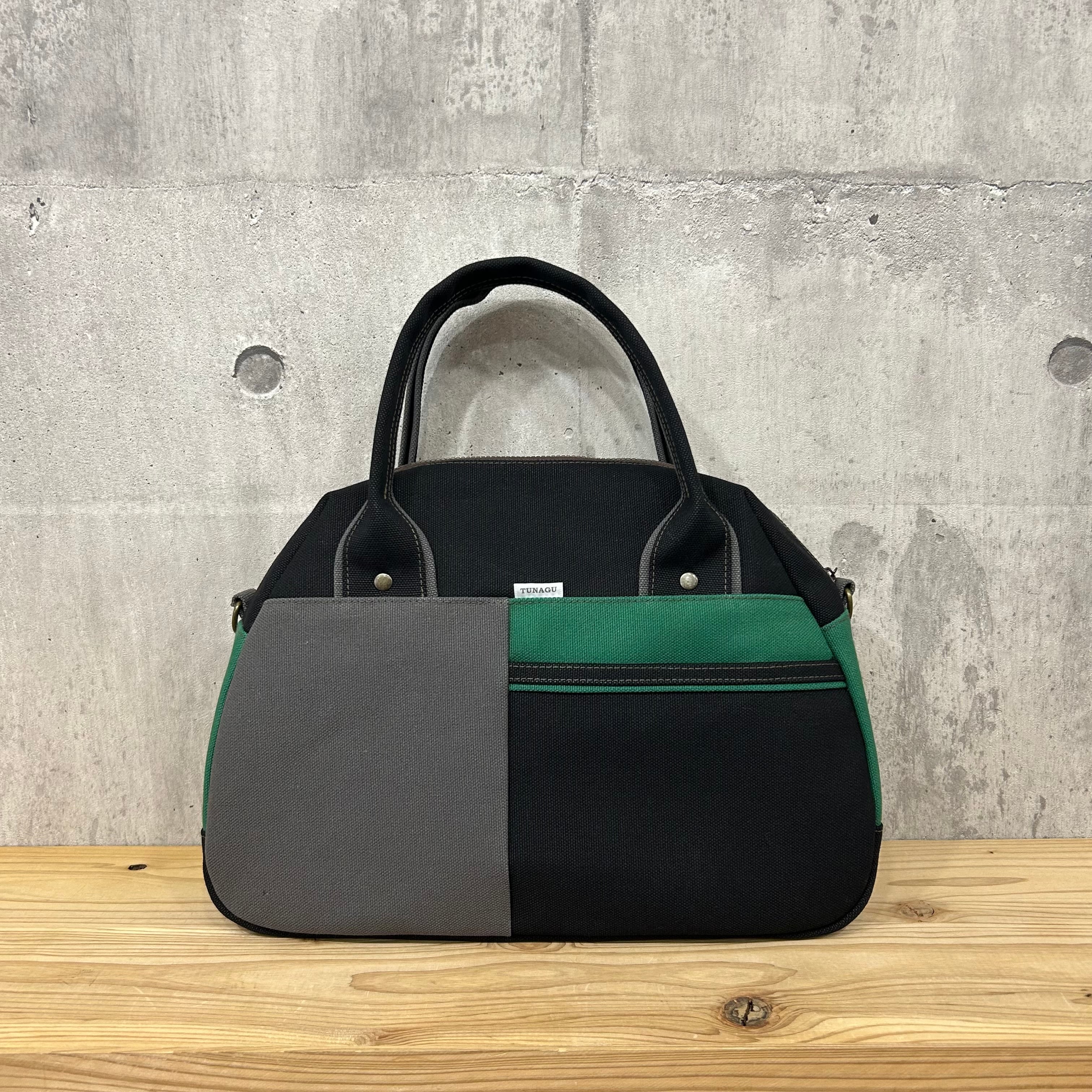 -* Boston Bag *- ブロック切替デザイン【黒×アスファルトグレー×ミドルグリーン】