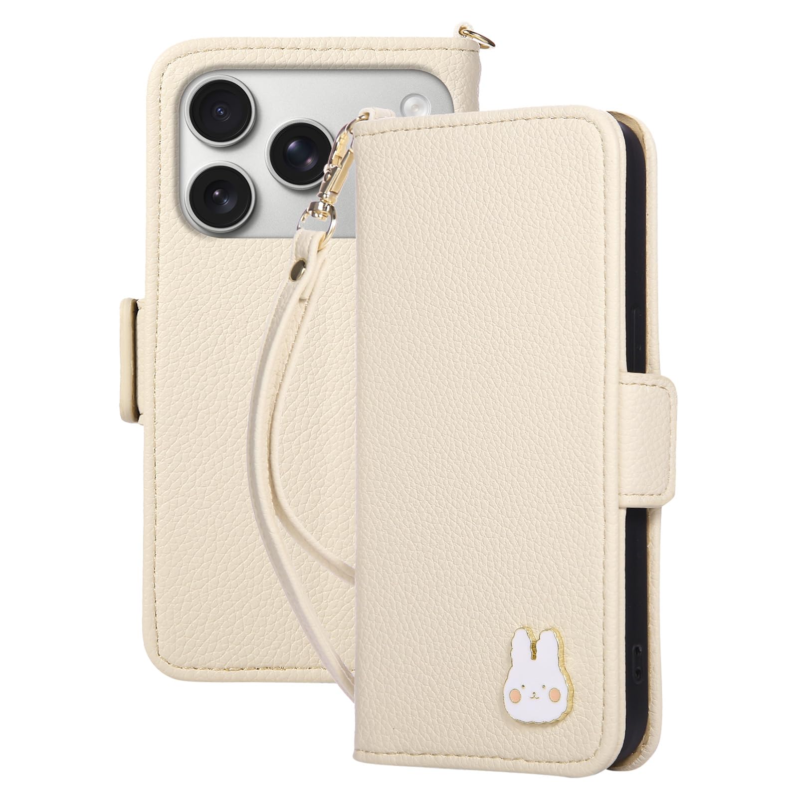 KW-LINK 用の iPhone 18 Pro Max ケース 手帳型 かわいい おしゃれ ウサギ カード収納 スマホケース-ベージュ