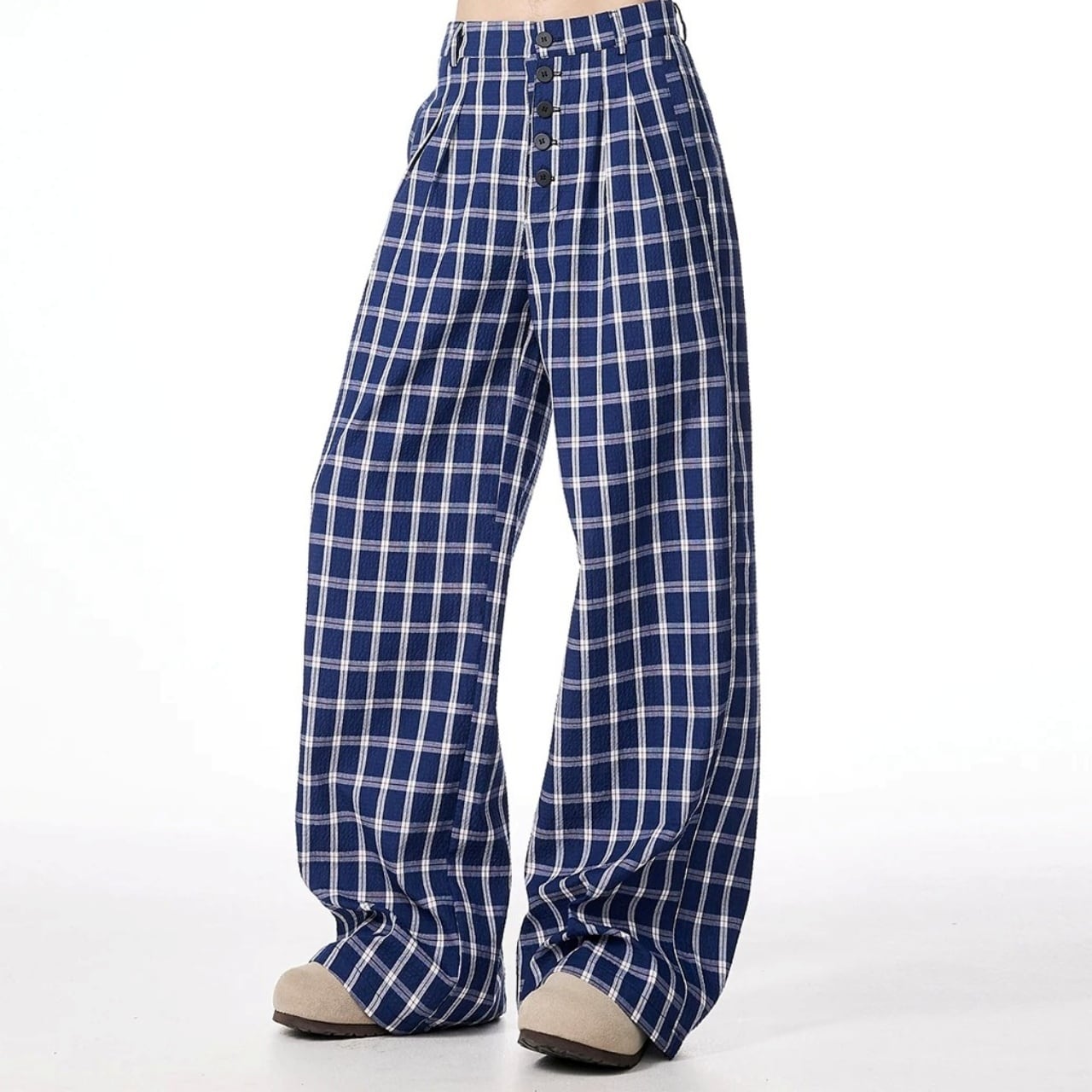 ボタンフロントトラッドチェックワイドシルエットパンツ 2col A00414