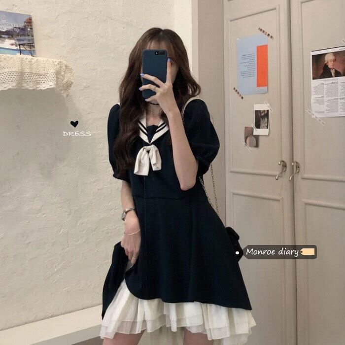 スタンダードネイビーカラードレス サマー薄手スカート レトロ 夏物 モンロー5838671816