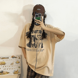 Nostalgiaレトロネコプリント半袖Tシャツ