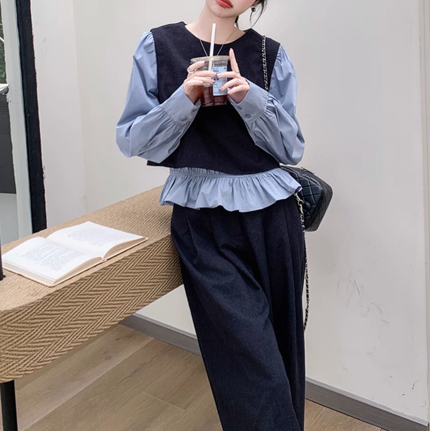 High waist wide leg pants suit two piece set