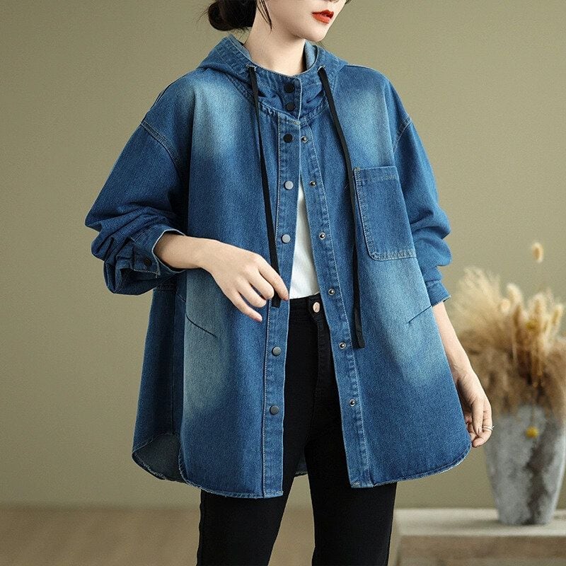 DENIM HOODED SNAP BUTTON SHIRT JACKET 2colors M-14500