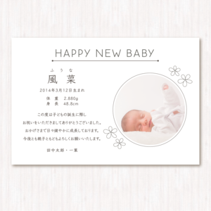 出産内祝いカード はがきサイズ かわいい お花のまるいフレーム ホワイト 100枚