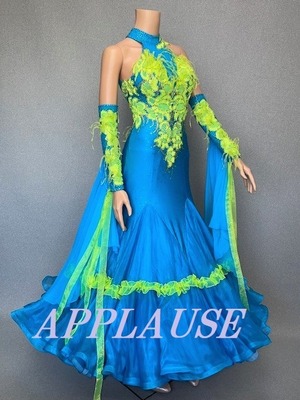 社交ダンス ドレス　スタンダード　モダンドレス　セルリアンブルー　M　ST-22-34 　デモ・競技用ドレス　発表会衣装　パーティドレス　ワンピース　舞台衣装