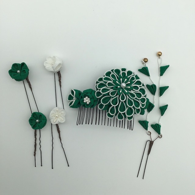 つまみ細工　かんざしセット　緑×白