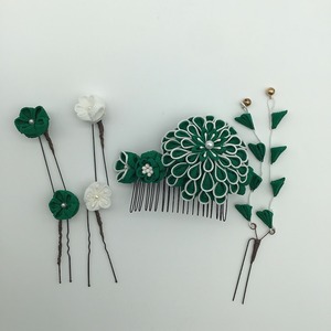 【T1-18】つまみ細工 かんざしセット 緑×白