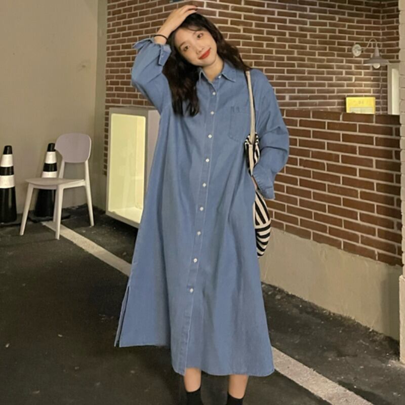ドレス スプリングオータムブルーシャツ スカート カジュアルロング 春物 秋物 YY-ファッション70561642676