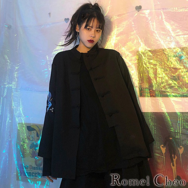 Romelcheo ベルト付き 鶴柄刺繍チャイナシャツ モード モントーン 長袖 漢服 チャイナボタン ロリータ ワンピース チャイナ 羽織り 原宿系 ストリート系 青文字系 ファッション ロリータ ロメルチェオ Nations1 D19 Romelcheo