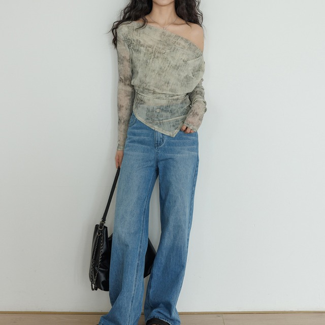 asymmetry boat-neck sheer top L0295