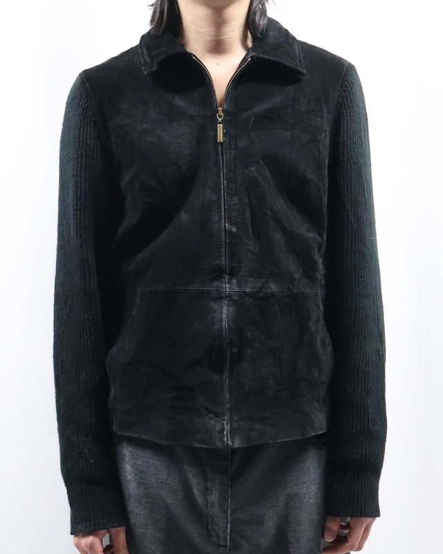 leather sleeve knit zip up blouson