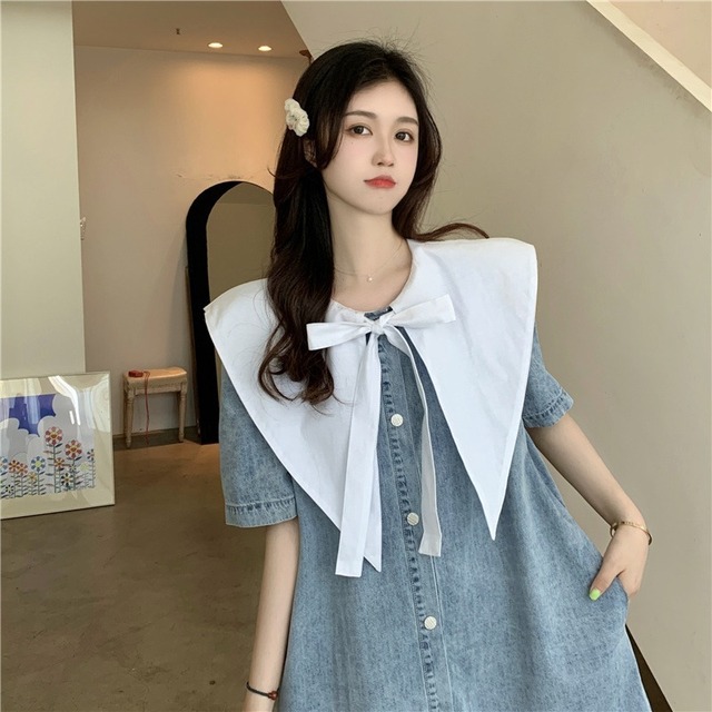大きなドーリー襟がかわいいデニムミニワンピース 韓国 プチプラ韓国ファッション通販 Mocchida モッチダー