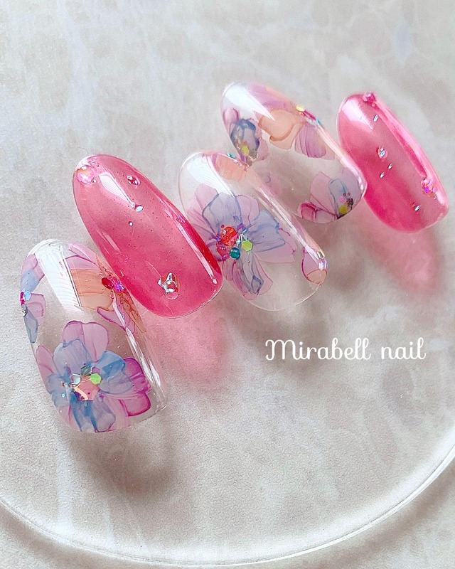 チュール｜フラワーネイル｜透明感｜透け感｜シースルー｜花｜うるきら｜バブルネイル｜カラフル｜ピンク｜10枚 15枚 ネイルチップ オーダー セット