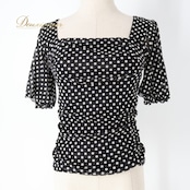 社交ダンス 衣装 トップス ブラウス ブラック系 チャコットロイヤルダンス Chacott ROYAL DANCE 日本製 黒 白 ドット柄 水玉 練習 レッスン 伸縮 ストレッチ かわいい ダンス衣装 イベント ステージ リボン ホワイト系