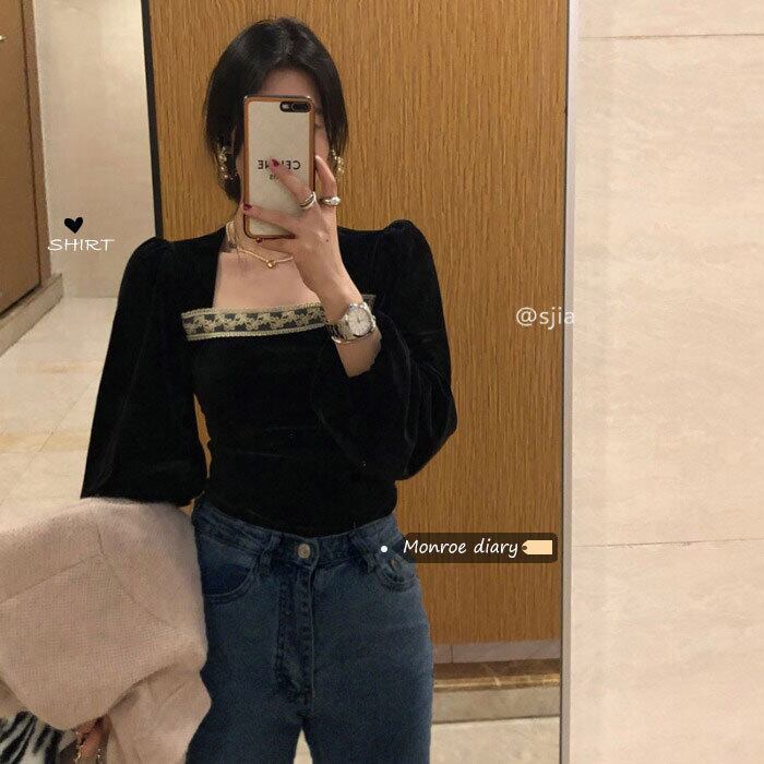 カラースリムブラウス レディーススプリングウィンタースタンダードスタイルブラックシャツ ロング レトロ 春物 冬物 スクウェア モンロー63301796008