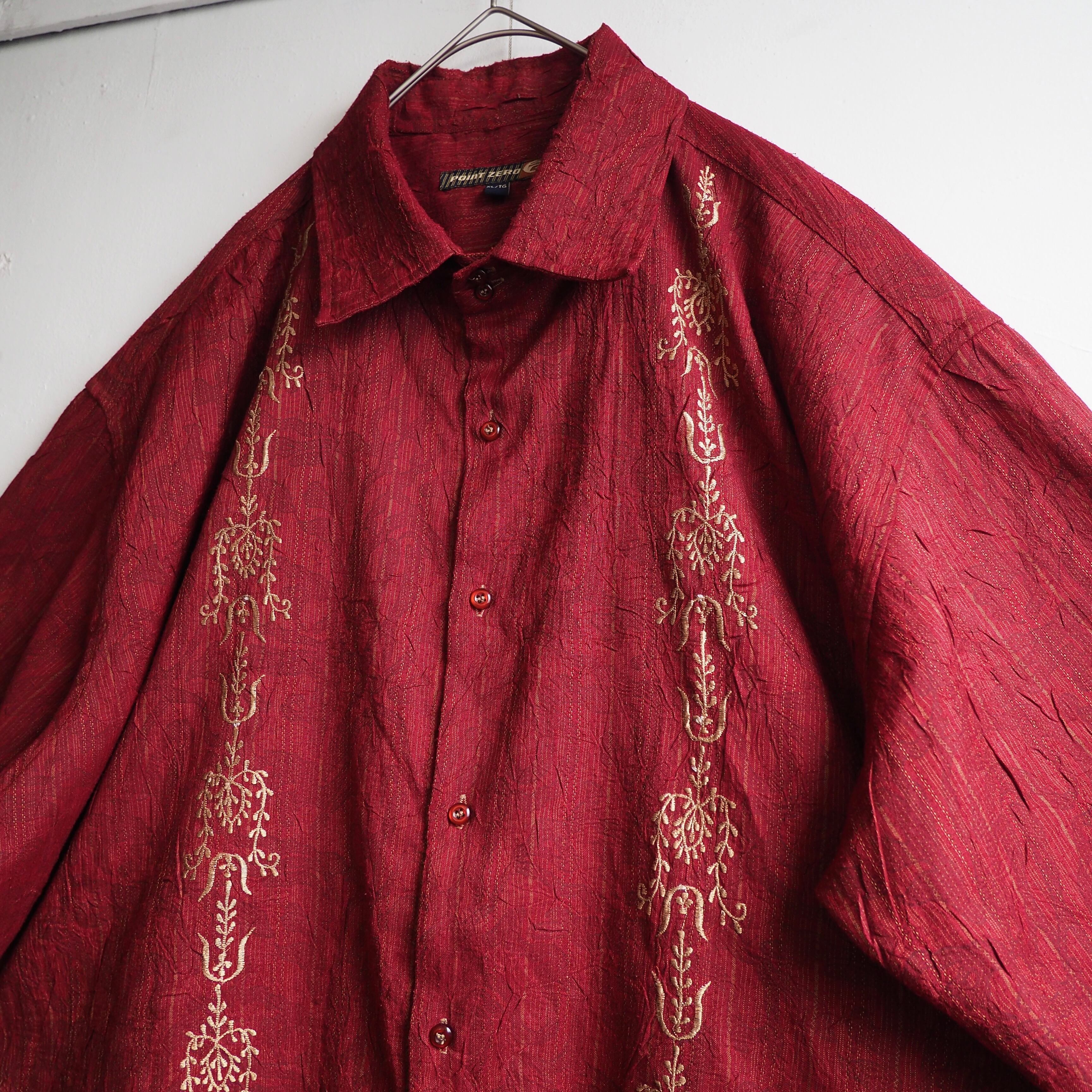 Beautiful Dark red × Tribal art embroidery vintage loose S/S shirt