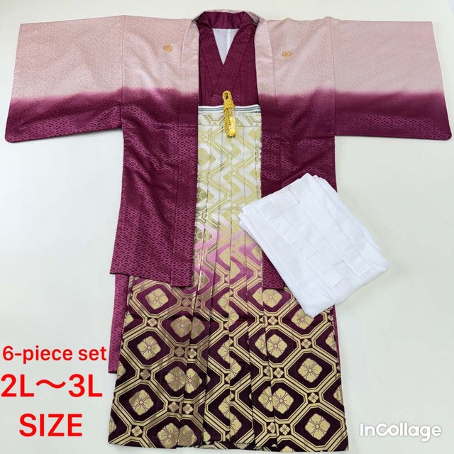 紋付袴 6点セット 着物 羽織 袴 長襦袢 羽織紐 角帯 裄77.5cm 袴丈94cm 2L～3L ピンク 五つ紋 中古 4508