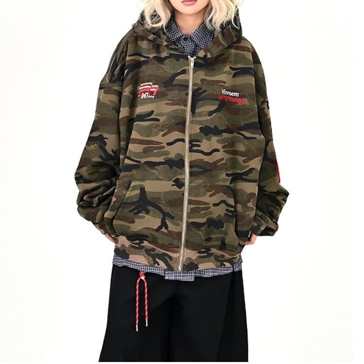 ジップアップ オーバーサイズ カモフラ柄 パーカー L00199