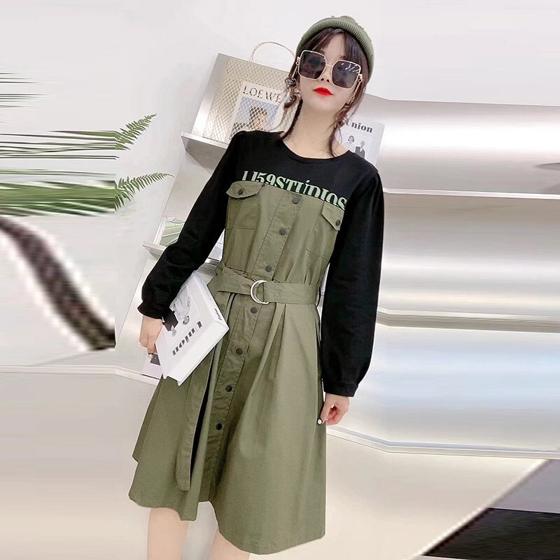 ファットウェアプラスサイズの婦人服ファットシスター2020年秋新しいスリムハーフレングスドレスフェイクツーピーススーツ ミックスインファッション7468742365