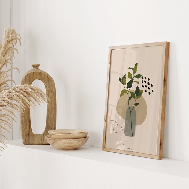 花瓶と葉のポスター　/ i1430 / ベージュ調の抽象画　花や葉　韓国インテリア　アートポスター