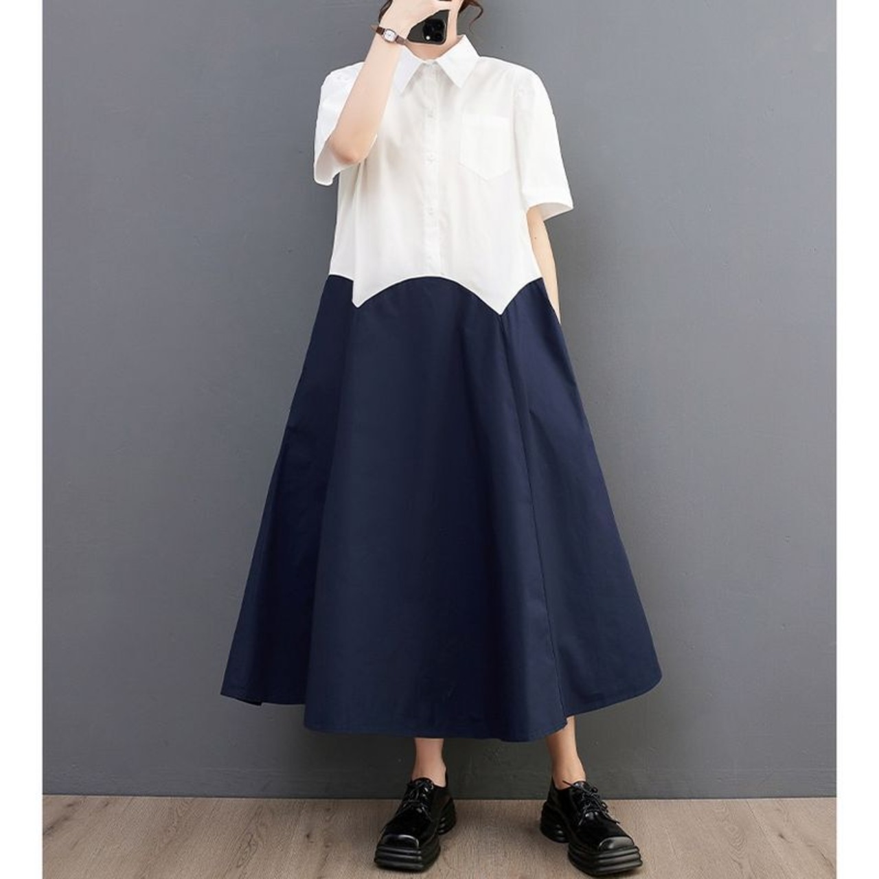 バイカラー フレア シャツワンピース  30101