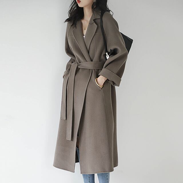 【予約販売】コート ミドル丈 膝丈 レディース 秋冬 アウター S,M,L ウール 羊毛 ウエストマーク ロング丈 長袖 ゆったり ルーズ シンプル 無地 ボリューム テーラード 襟