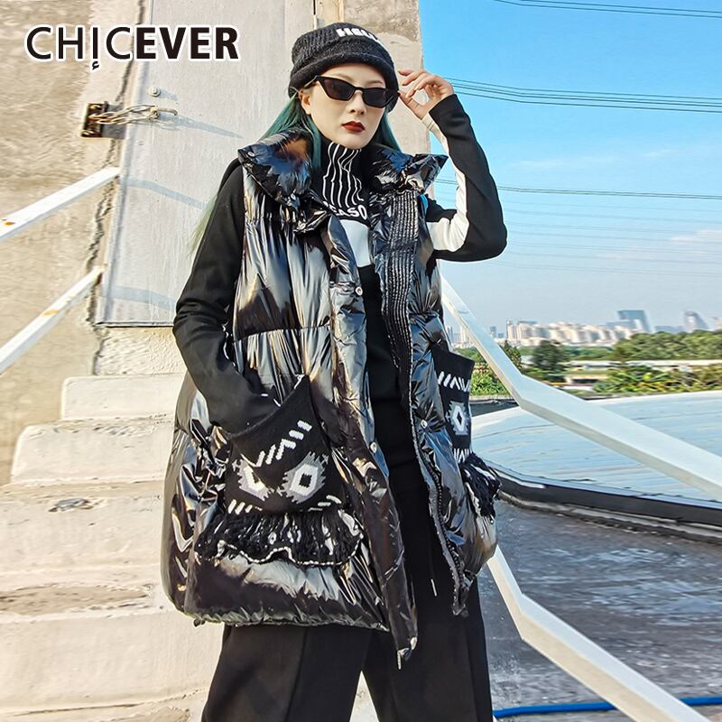 CHICEVERパターンベストパーカー女性スタンドカラーノースリーブヒットカラー特大ブラックストリートウェアコットンベスト2020 6base591197436755
