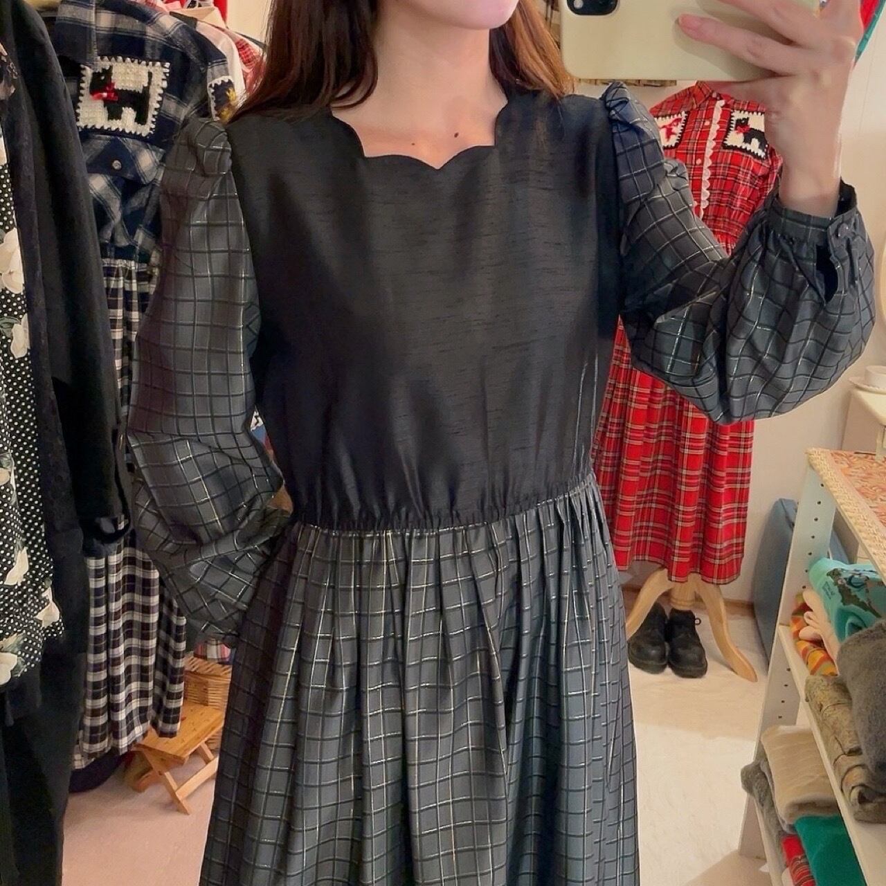 scallop gray lame check one-piece