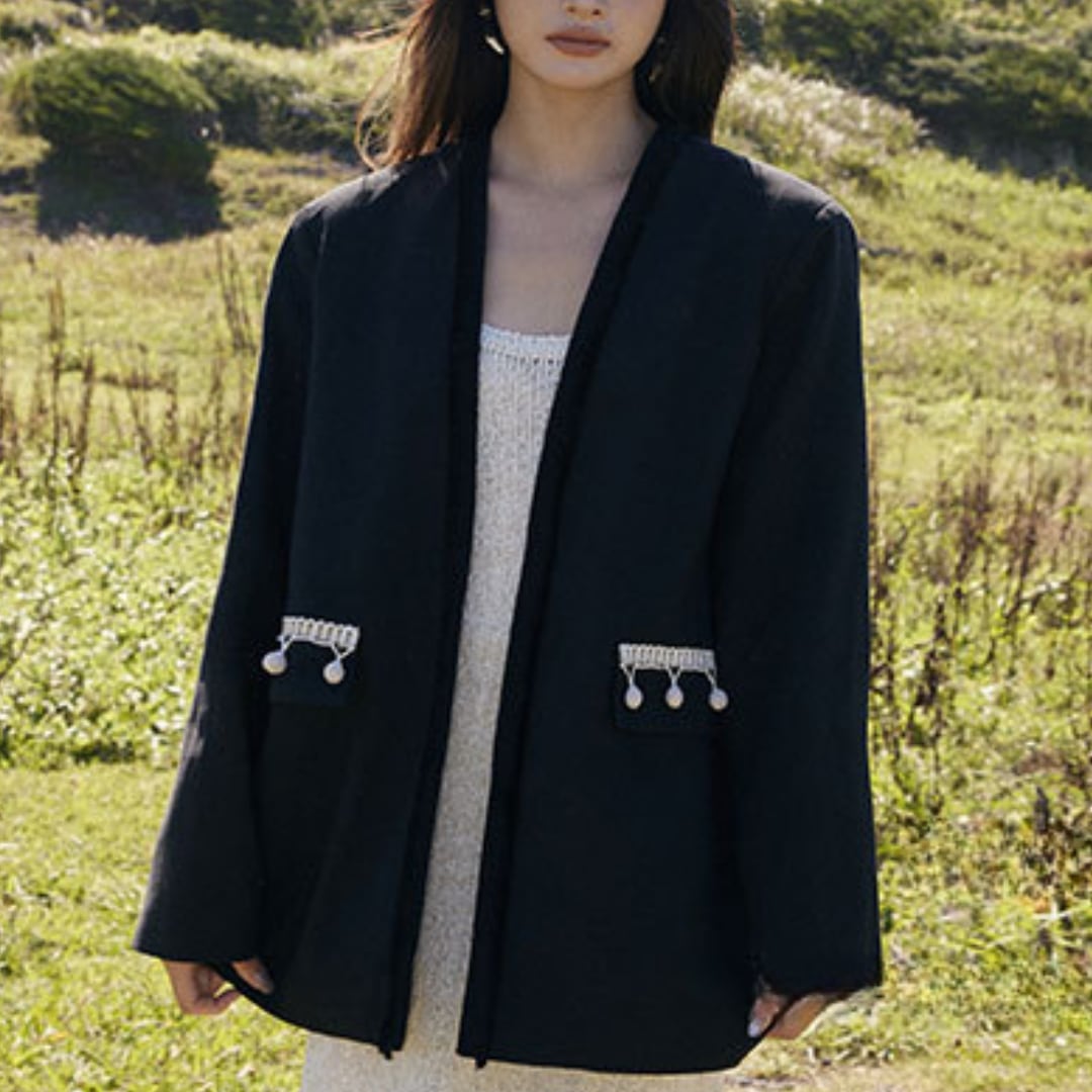 Pom pom trim flap collarless jacket G793