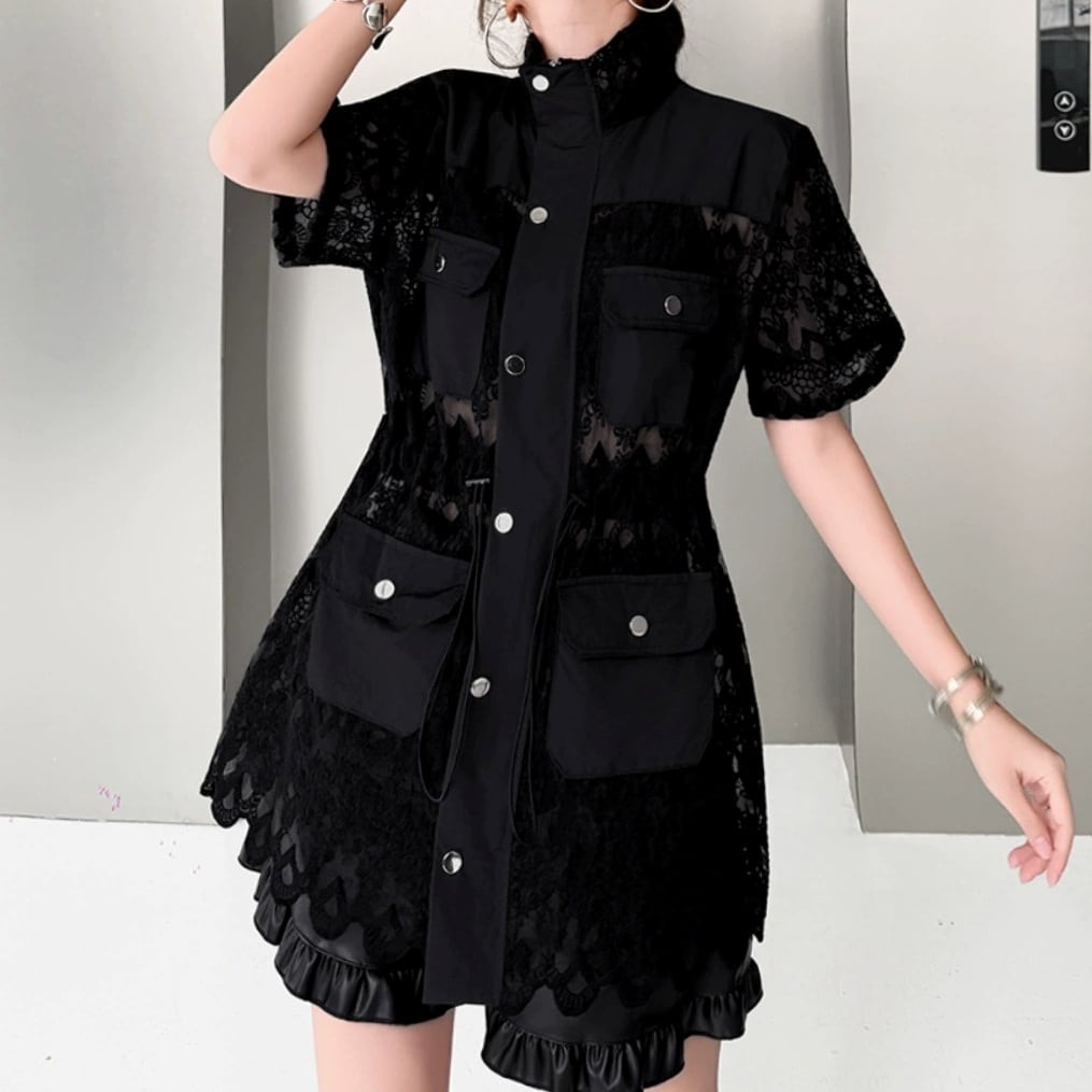 パッチポケット レース切替 ショートスリーブ シャツ 1color BL0605