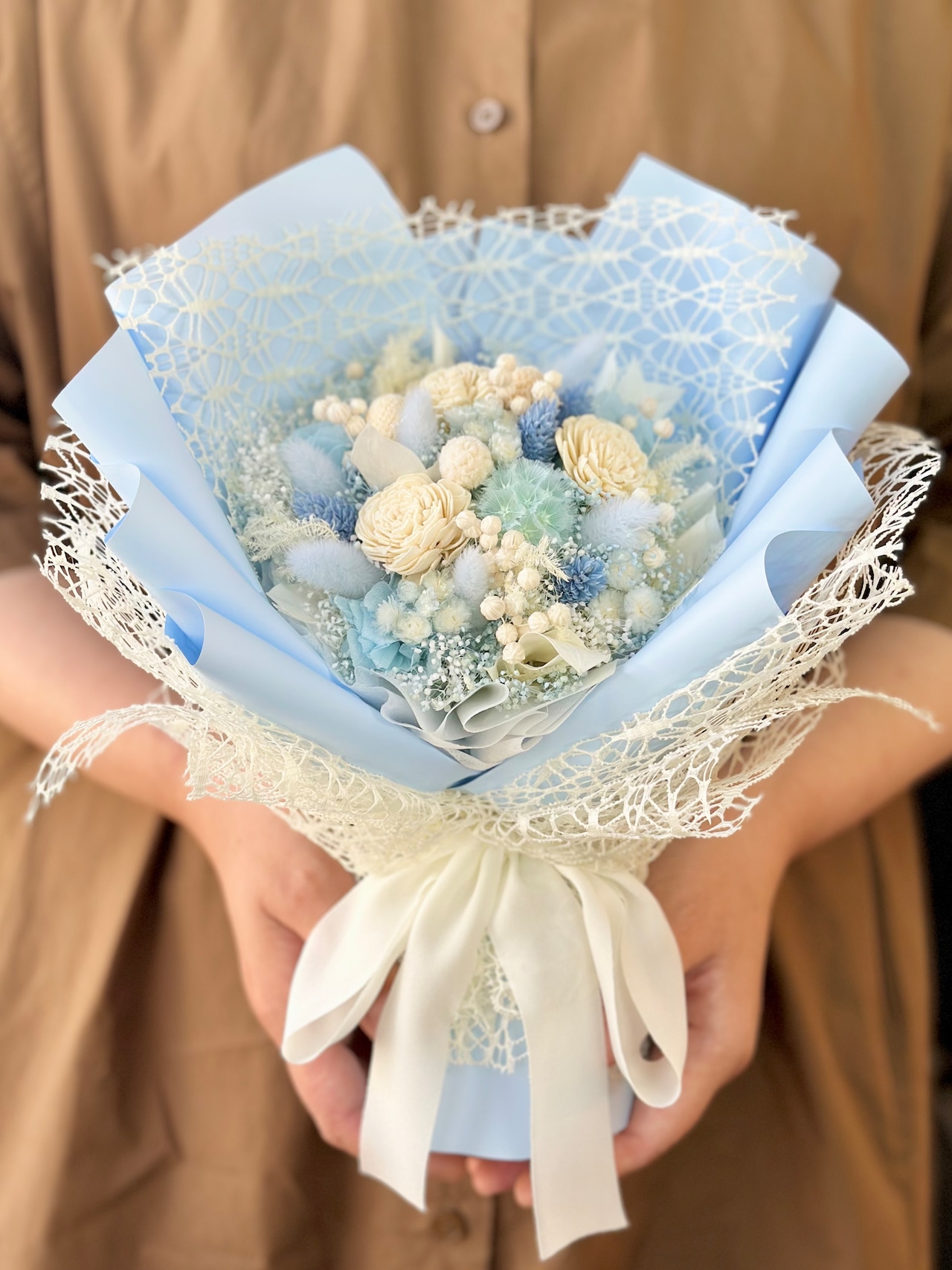 4.置けるドライフラワー花束(花てまり/水色・白色) □Мサイズ 【数量限定商品】 画像5