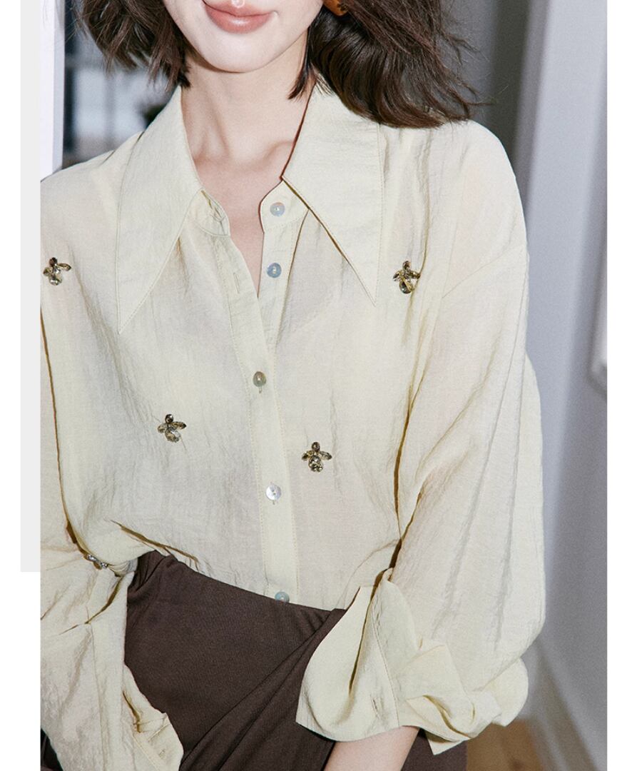 ソフトイエローブラウス◆取り外し可能アクセ【t-11280】