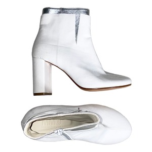 MM6 silver leather high heel boots veiled white canvas