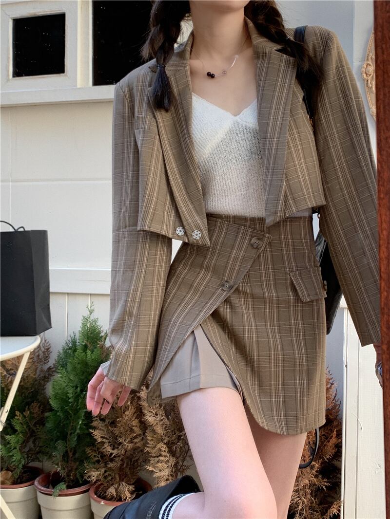 格子柄ショートジャケット ニットオータムワンピーススカート 秋物 ステッチ YY-ファッション70135733979