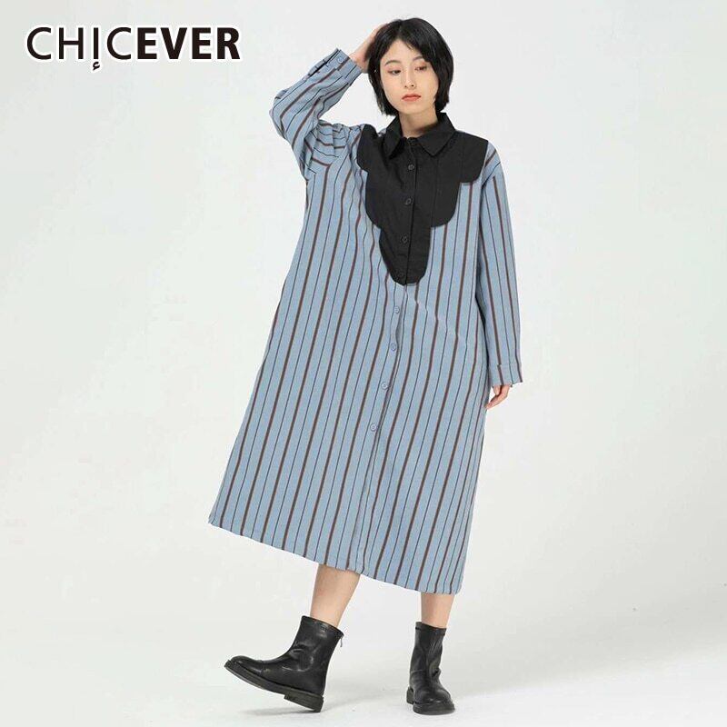CHICEVERパッチワークストライプドレス女性ヒットカラーラペル長袖ルーズミディドレス服2020 ロング 6base571112856087