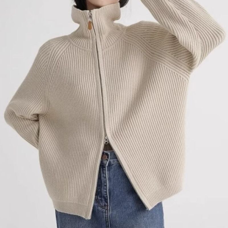 Stand collar double zipper cardigan 4 colors V1735