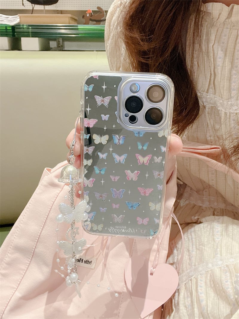 虹色のバタフライ◎人気 ミラー背面ケース カメラ保護フレーム