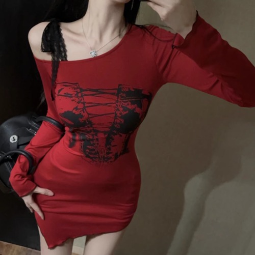 アシメリボンプリントワンピ ・12547