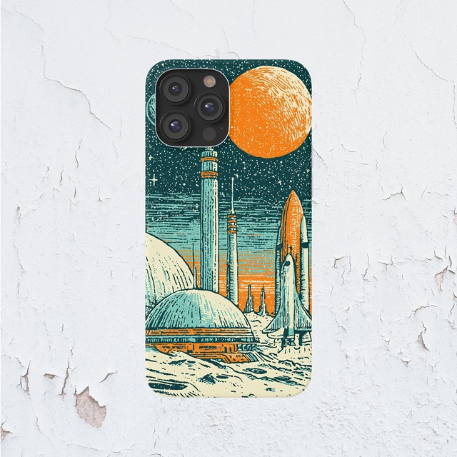 受注生産 iPhoneケース 月面都市とオレンジ惑星の宇宙柄｜レトロ宇宙 RFSP020C