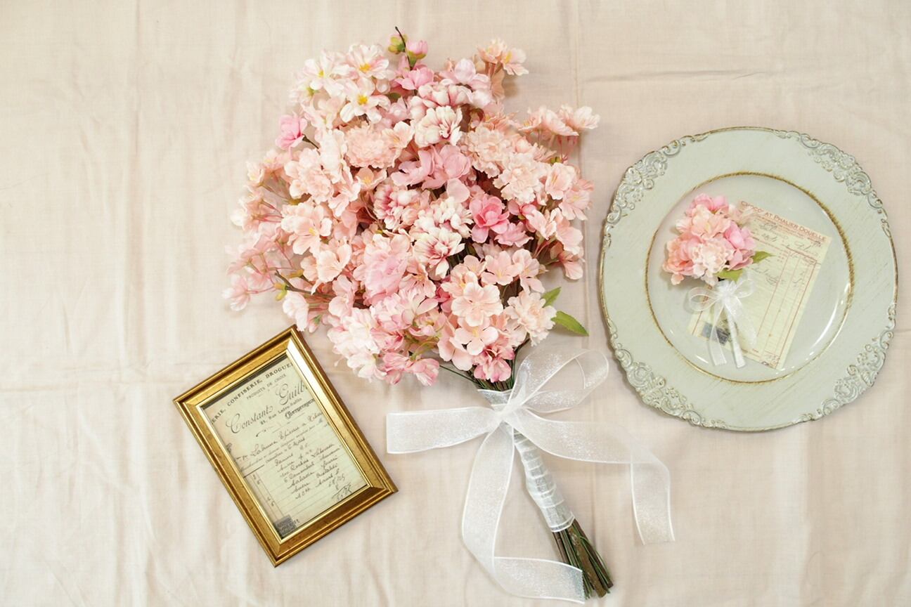 リースブーケ ブートニア （枝垂れ桜のピンクブーケ ウェディング