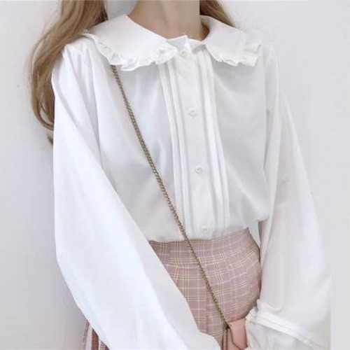 新作入荷トップス レディース ブラウス 個性的 長袖 襟付き 丸襟 フリル 無地 白 黒 S M L 春 夏 秋 上品 きれいめ おしゃれ シンプル カジュアル ナチュラル フェミニン 大人可愛い
