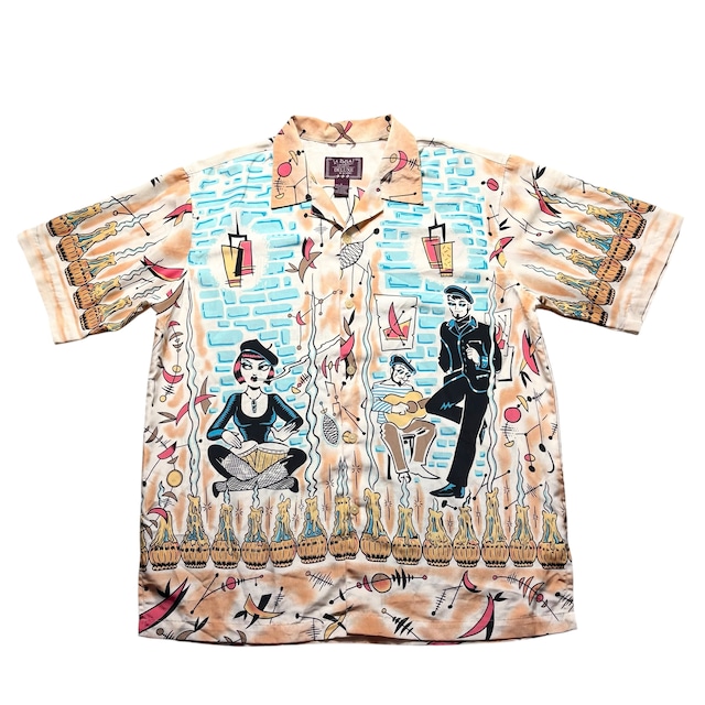 LA ROCKA! × BC ETHIC rockabilly print open collar shirt