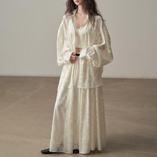 sheer jacquard loose blouse and long skirt　10896
