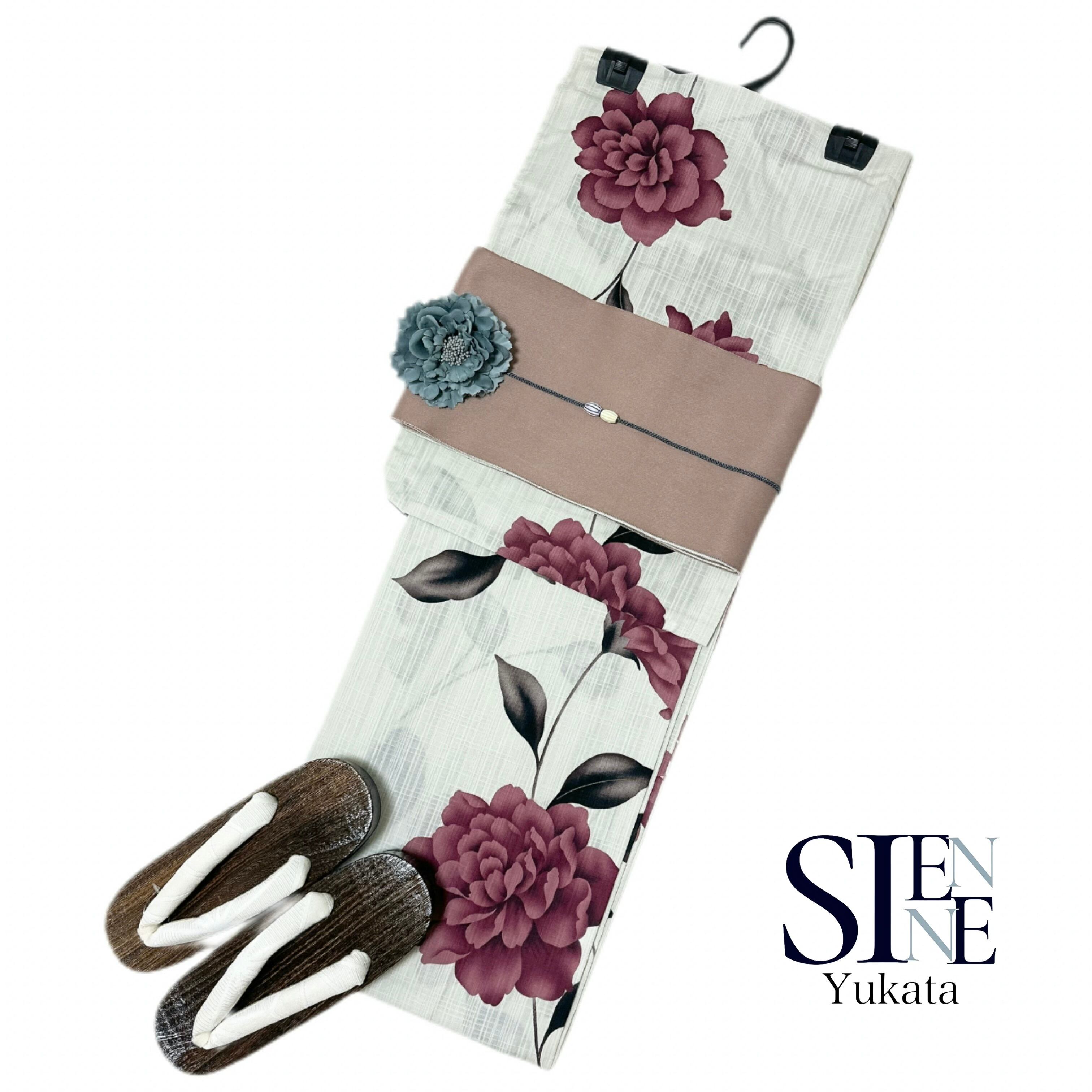 下駄無し 浴衣ジェンヌ 浴衣5点セット 生成り ベージュ くすみカラー ダリア 浴衣ジェンヌ 浴衣5点セット 生成りにくすみピンクのダリア 大人浴衣