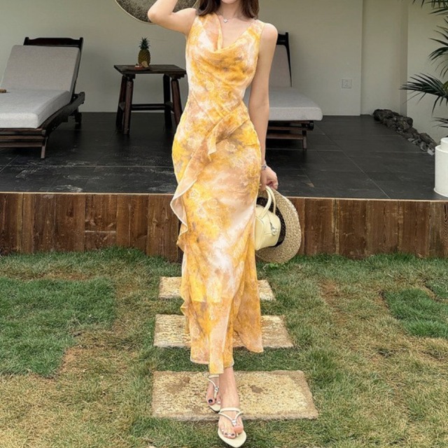Chest drape elegant ruffle stitch slim chiffon dress