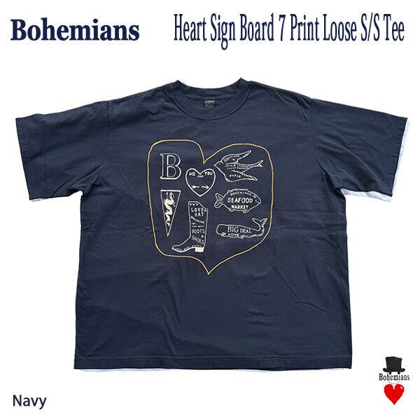 BOHEMIANS HEART SIGN BOARD PRINT S/S LOOSE TEE NAVY ボヘミアンズ ハートサインボード プリント 半袖ルーズTシャツ ユニセックス 日本製